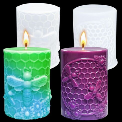 Honeycomb Bee Candle Silicone Molds 2PCS with Flowers Design, White Resin Cylindrical Mould Set, Soap Wax Beeswax Epoxy Casting Clay Mold-Kit, 2 Pack in Kuwait