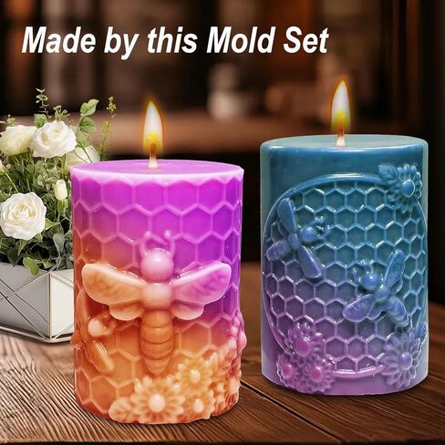 Honeycomb Bee Candle Silicone Molds 2PCS with Flowers Design, White Resin Cylindrical Mould Set, Soap Wax Beeswax Epoxy Casting Clay Mold-Kit, 2 Pack in Kuwait