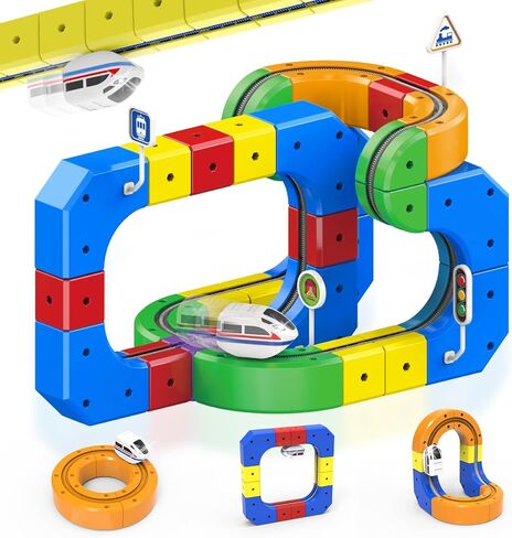 مجموعة قطار كهربائي ثلاثي الأبعاد مضاد للجاذبية للأطفال من عمر 3 إلى 8 سنوات - 58 قطعة من لعبة بناء مسار السباق المرنة التي يمكنك صنعها بنفسك (33 قطعة مسار، 1 قطار بمحرك، إكسسوارات)، هدية عيد ميلاد تعليمية للأولاد والبنات in Kuwait