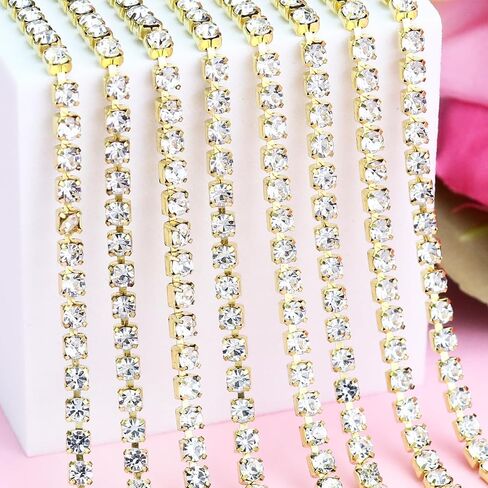 3MM كريستال AB الذهب حجر الراين إغلاق سلسلة تقليم للخياطة الحرفية، سلسلة مخلب الكريستال DIY بها بنفسك حجر الراين كأس الملابس والمجوهرات حفل زفاف باقة ديكور (SS12، 5 ياردة) in Saudi Arabia