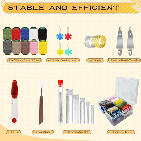 44 Pcs Big Eye Steel Sewing Needles Kit, Stainless Steel Needles for Hand Sewing with Thread Ripper, Needle Threaders, Threads and Thimbles, Beginner Sewing Kit for Mending Clothes and Repairs in Kuwait