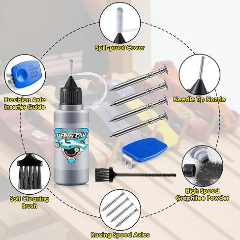 7 Pcs Derby Car Kit 0.7oz Graphite Powder Lubricant, 4 Polished Speed Axles, Axle Inserter Guide, Cleaning Brush, Derby Car Accessories for Increasing Speed in Saudi Arabia