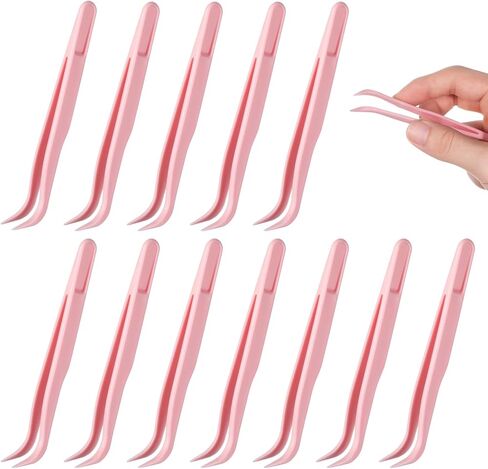 Xelsluthe 12 Pack Plastic Tweezers for Crafts, 4.5 Inch Bent Tweezers for Jewelry Making, Baking Decoration, Reptile Feeding, Bead Bracelets, Pink in Kuwait