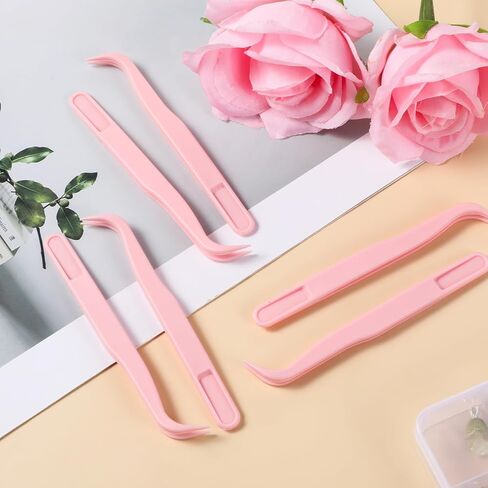 Xelsluthe 12 Pack Plastic Tweezers for Crafts, 4.5 Inch Bent Tweezers for Jewelry Making, Baking Decoration, Reptile Feeding, Bead Bracelets, Pink in Kuwait