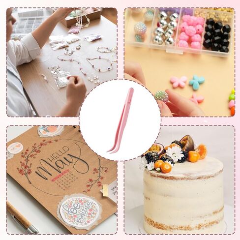 Xelsluthe 12 Pack Plastic Tweezers for Crafts, 4.5 Inch Bent Tweezers for Jewelry Making, Baking Decoration, Reptile Feeding, Bead Bracelets, Pink in Kuwait