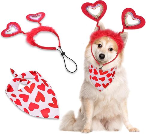 Valentines Red Heart Dog Headband and Bandanas Accessories Set Red Glitter Hearts Dog Headband Scarves Cute Valentines Outfit for Dog Cat in Saudi Arabia