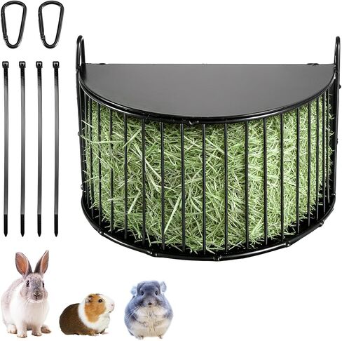 Upgraded Hay Rack for Rabbits, Bunny Feeder for Guinea Pigs Chinchillas, Black, Hanging Hay Feeder with Lid, Bunny Feeding Holder, Metal, Semicircular, Chinchilla Cage Accessories in Saudi Arabia