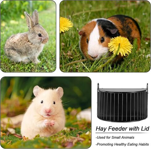 Upgraded Hay Rack for Rabbits, Bunny Feeder for Guinea Pigs Chinchillas, Black, Hanging Hay Feeder with Lid, Bunny Feeding Holder, Metal, Semicircular, Chinchilla Cage Accessories in Saudi Arabia