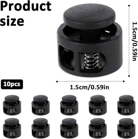 10Pcs Black Shoe Lace Tie Locks Double Hole Drawstring Stopper Fastener Elastic Drawstring Toggle Stopper Fastener for Shoelaces Paracord Clothing Bag in Kuwait