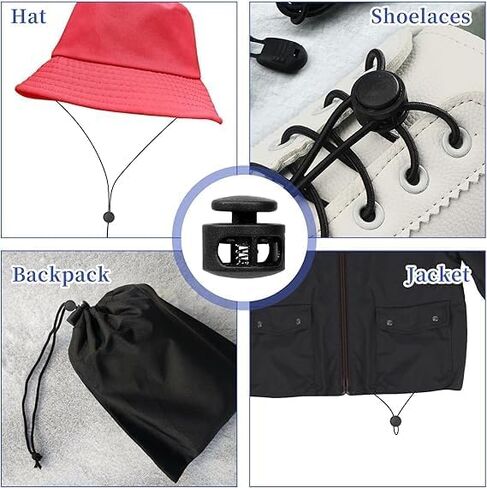 10Pcs Black Shoe Lace Tie Locks Double Hole Drawstring Stopper Fastener Elastic Drawstring Toggle Stopper Fastener for Shoelaces Paracord Clothing Bag in Kuwait
