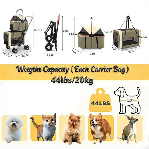 عربة كلب قابلة للطي 3 في 1، 4 عجلات للكلاب الصغيرة/المتوسطة، عربة أطفال للقطط مع حامل سفر قابل للإزالة للحيوانات الأليفة الصغيرة/المتوسطة/الكبيرة، وسادة مقاومة للماء، مقعد سيارة، مظلة للشمس (أخضر) in Kuwait