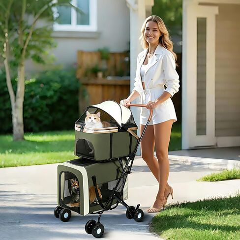 3 in 1 Folding Dog Stroller, 4 Wheels for Small/Medium Dogs, Cat Stroller w/Removable Travel Carrier for Small/Medium/Large Pet, Waterproof Pad, Car Seat, Sun Shade (Green) in Saudi Arabia