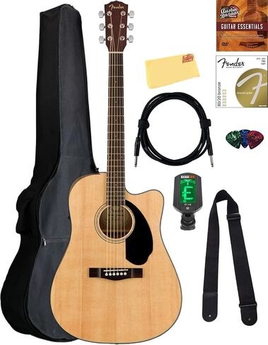غيتار كهربائي صوتي من Fender CD-60SCE ذو رأس صلب - مجموعة كاملة من الماهوجني مع حافظة صلبة، وكابل للآلات، وموالف، وحزام، وأوتار، ولقطات، وأقراص DVD التعليمية لأوستن بازار in Kuwait