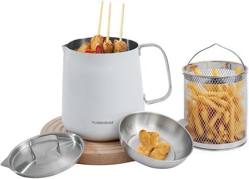 وعاء مقلاة عميقة من الفولاذ المقاوم للصدأ 304 مع سلة ومصفاة، للقلي، والطبخ، والتخييم، وحاوية فلتر الزيت، 2 لتر (أبيض) in Kuwait