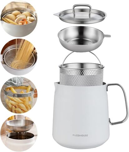 وعاء مقلاة عميقة من الفولاذ المقاوم للصدأ 304 مع سلة ومصفاة، للقلي، والطبخ، والتخييم، وحاوية فلتر الزيت، 2 لتر (أبيض) in Kuwait