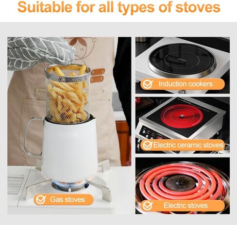 وعاء مقلاة عميقة من الفولاذ المقاوم للصدأ 304 مع سلة ومصفاة، للقلي، والطبخ، والتخييم، وحاوية فلتر الزيت، 2 لتر (أبيض) in Kuwait