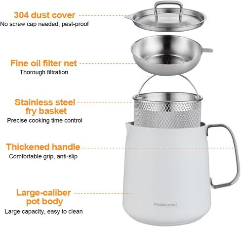 وعاء مقلاة عميقة من الفولاذ المقاوم للصدأ 304 مع سلة ومصفاة، للقلي، والطبخ، والتخييم، وحاوية فلتر الزيت، 2 لتر (أبيض) in Kuwait