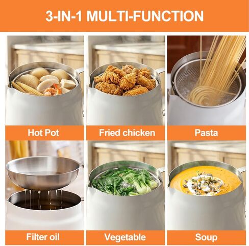 وعاء مقلاة عميقة من الفولاذ المقاوم للصدأ 304 مع سلة ومصفاة، للقلي، والطبخ، والتخييم، وحاوية فلتر الزيت، 2 لتر (أبيض) in Kuwait