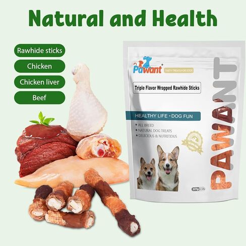 Triple-Flavor Rawhide Chews for Medium & Large Dogs - 5 Inch Chicken, Beef & Chicken Liver Dental Treats - Long Lasting Chew Sticks 227g/0.5lb in Kuwait