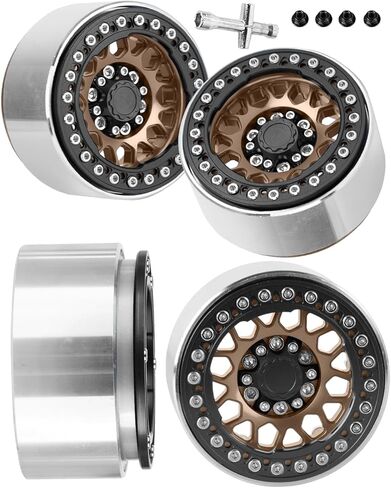 إطارات عجلات Beadlock مقاس 1.9 بوصة RC لزاحف 1/10 SCX10 90046 AX103007 TRX4 TRX6 D90 VS4-10 MST CFX Gen8 Gen7 RC، حافة عجلة RC من سبائك الألومنيوم 1.9 مع حلقات، بني مع أسود in Kuwait