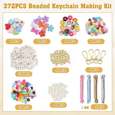 BESARME 372 قطعة سلسلة مفاتيح مطرزة، مجموعة أدوات صنع سلسلة المفاتيح DIY، مجموعة أدوات سحرية، خرز ملون، قلب أكريليك، نجمة زهرة، الأبجدية A-Z، مجموعة صنع الاسم، مجموعة صنع الهدايا، لوازم المجوهرات in Kuwait