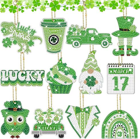 12 Pieces St. Patrick's Day Diamond Painting Keychain 5D DIY Diamond Painting Kit Lucky Green Shamrock Gnome Hanging Diamond Art Kits St. Patrick's Day Ornaments for Kids Crafts Family Decor in Saudi Arabia