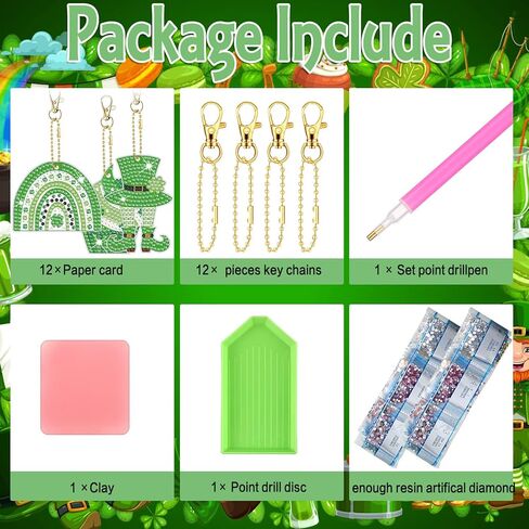 12 Pieces St. Patrick's Day Diamond Painting Keychain 5D DIY Diamond Painting Kit Lucky Green Shamrock Gnome Hanging Diamond Art Kits St. Patrick's Day Ornaments for Kids Crafts Family Decor in Saudi Arabia