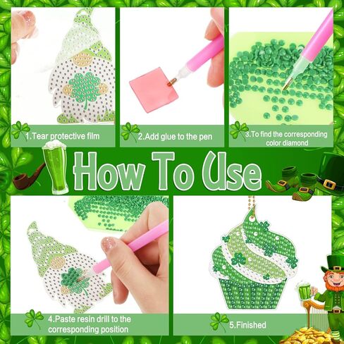 12 Pieces St. Patrick's Day Diamond Painting Keychain 5D DIY Diamond Painting Kit Lucky Green Shamrock Gnome Hanging Diamond Art Kits St. Patrick's Day Ornaments for Kids Crafts Family Decor in Saudi Arabia