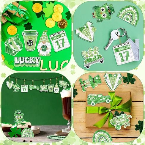 12 Pieces St. Patrick's Day Diamond Painting Keychain 5D DIY Diamond Painting Kit Lucky Green Shamrock Gnome Hanging Diamond Art Kits St. Patrick's Day Ornaments for Kids Crafts Family Decor in Saudi Arabia