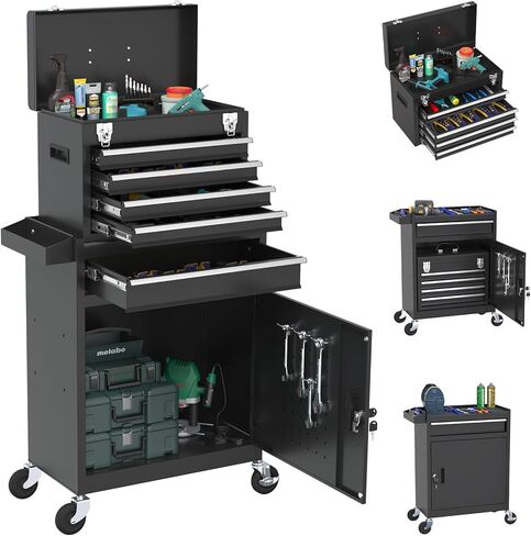 صندوق أدوات دوار بعجلات، صندوق أدوات عالي السعة بخمسة أدراج مع عجلات، صندوق أدوات تخزين قابل للإزالة مع قفل للمرآب، ورشة عمل (أسود) in Kuwait