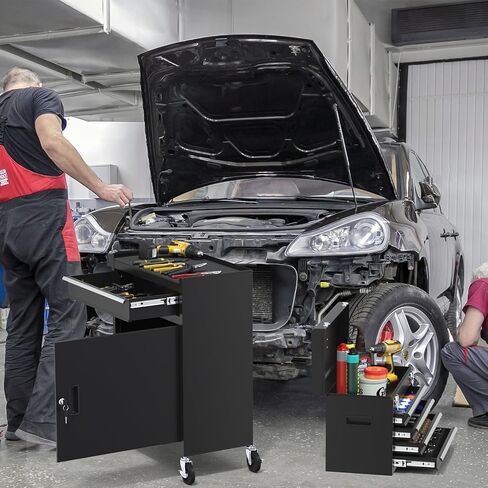 صندوق أدوات دوار بعجلات، صندوق أدوات عالي السعة بخمسة أدراج مع عجلات، صندوق أدوات تخزين قابل للإزالة مع قفل للمرآب، ورشة عمل (أسود) in Kuwait