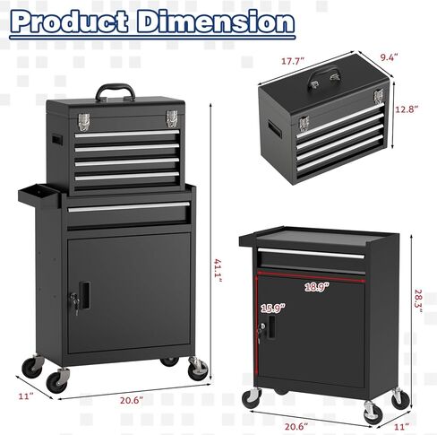 صندوق أدوات دوار بعجلات، صندوق أدوات عالي السعة بخمسة أدراج مع عجلات، صندوق أدوات تخزين قابل للإزالة مع قفل للمرآب، ورشة عمل (أسود) in Kuwait