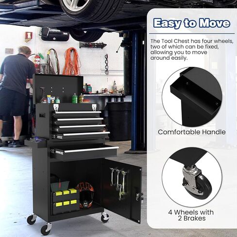 صندوق أدوات دوار بعجلات، صندوق أدوات عالي السعة بخمسة أدراج مع عجلات، صندوق أدوات تخزين قابل للإزالة مع قفل للمرآب، ورشة عمل (أسود) in Kuwait