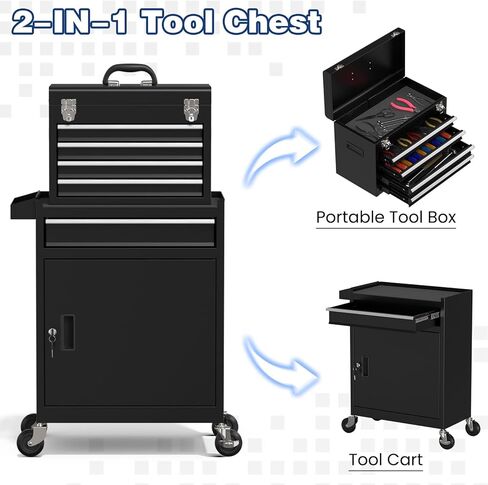 صندوق أدوات دوار بعجلات، صندوق أدوات عالي السعة بخمسة أدراج مع عجلات، صندوق أدوات تخزين قابل للإزالة مع قفل للمرآب، ورشة عمل (أسود) in Kuwait