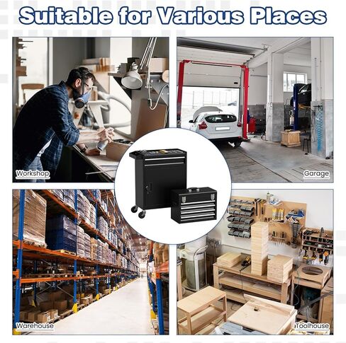 صندوق أدوات دوار بعجلات، صندوق أدوات عالي السعة بخمسة أدراج مع عجلات، صندوق أدوات تخزين قابل للإزالة مع قفل للمرآب، ورشة عمل (أسود) in Kuwait
