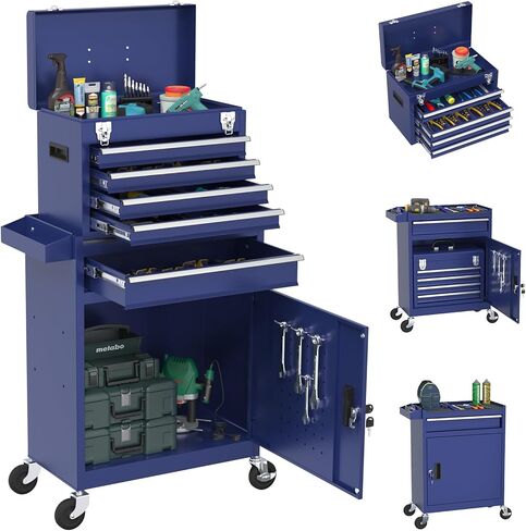 صندوق أدوات دوار بعجلات، صندوق أدوات عالي السعة بخمسة أدراج مع عجلات، صندوق أدوات تخزين قابل للإزالة مع قفل للمرآب، ورشة عمل (أسود) in Kuwait