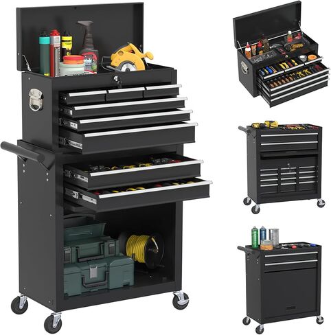 صندوق أدوات دوار بعجلات، صندوق أدوات عالي السعة بخمسة أدراج مع عجلات، صندوق أدوات تخزين قابل للإزالة مع قفل للمرآب، ورشة عمل (أسود) in Kuwait