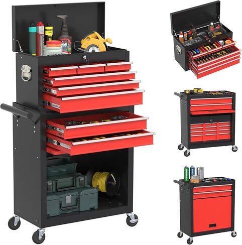 صندوق أدوات دوار بعجلات، صندوق أدوات عالي السعة بخمسة أدراج مع عجلات، صندوق أدوات تخزين قابل للإزالة مع قفل للمرآب، ورشة عمل (أسود) in Kuwait