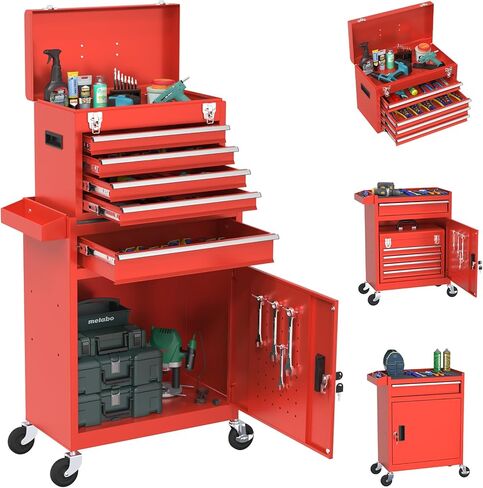 صندوق أدوات دوار بعجلات، صندوق أدوات عالي السعة بخمسة أدراج مع عجلات، صندوق أدوات تخزين قابل للإزالة مع قفل للمرآب، ورشة عمل (أسود) in Kuwait