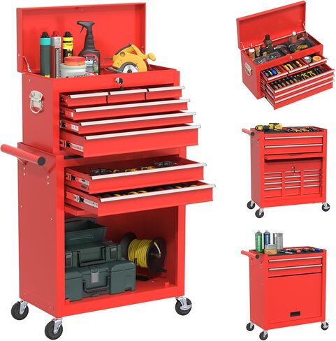 صندوق أدوات دوار بعجلات، صندوق أدوات عالي السعة بخمسة أدراج مع عجلات، صندوق أدوات تخزين قابل للإزالة مع قفل للمرآب، ورشة عمل (أسود) in Kuwait