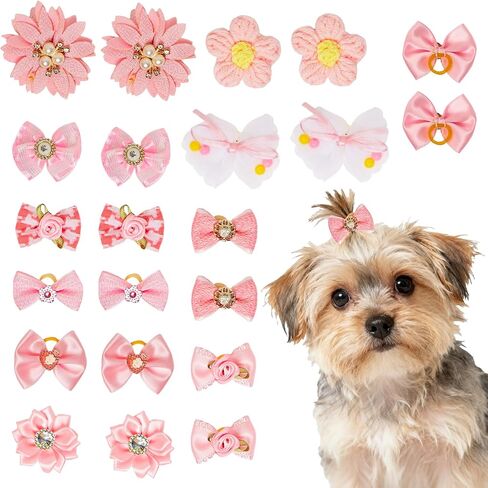 20pcs Light Pink Small Dog Hair Bows, Bulk with Rubber Bands Elastic Lace Rhinestone Pearls Hair Ties, Topknot Flower Dog Hair Accessories in Kuwait