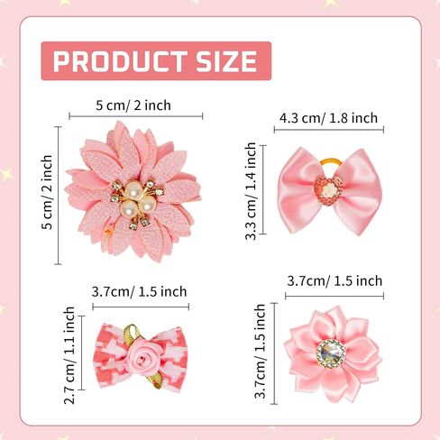 20pcs Light Pink Small Dog Hair Bows, Bulk with Rubber Bands Elastic Lace Rhinestone Pearls Hair Ties, Topknot Flower Dog Hair Accessories in Kuwait