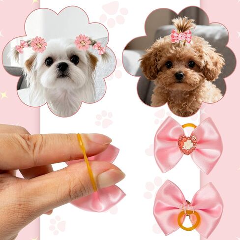 20pcs Light Pink Small Dog Hair Bows, Bulk with Rubber Bands Elastic Lace Rhinestone Pearls Hair Ties, Topknot Flower Dog Hair Accessories in Kuwait