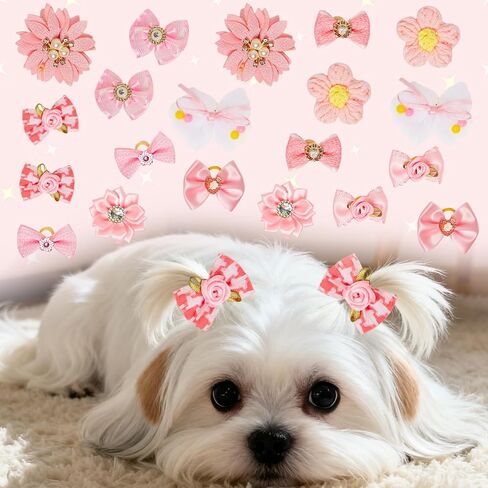 20pcs Light Pink Small Dog Hair Bows, Bulk with Rubber Bands Elastic Lace Rhinestone Pearls Hair Ties, Topknot Flower Dog Hair Accessories in Kuwait