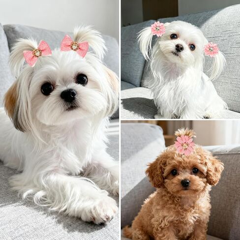 20pcs Light Pink Small Dog Hair Bows, Bulk with Rubber Bands Elastic Lace Rhinestone Pearls Hair Ties, Topknot Flower Dog Hair Accessories in Kuwait