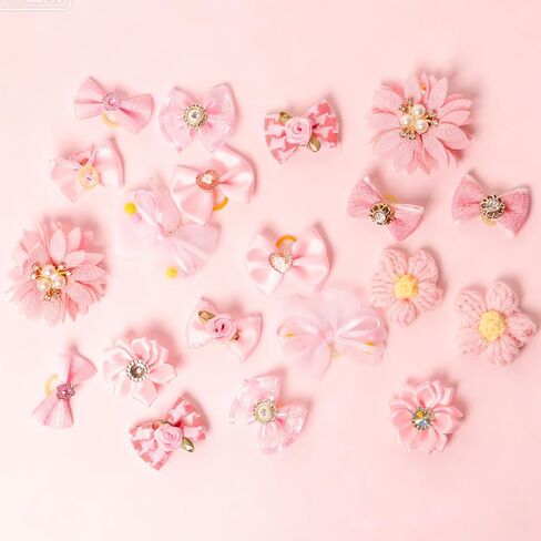 20pcs Light Pink Small Dog Hair Bows, Bulk with Rubber Bands Elastic Lace Rhinestone Pearls Hair Ties, Topknot Flower Dog Hair Accessories in Kuwait