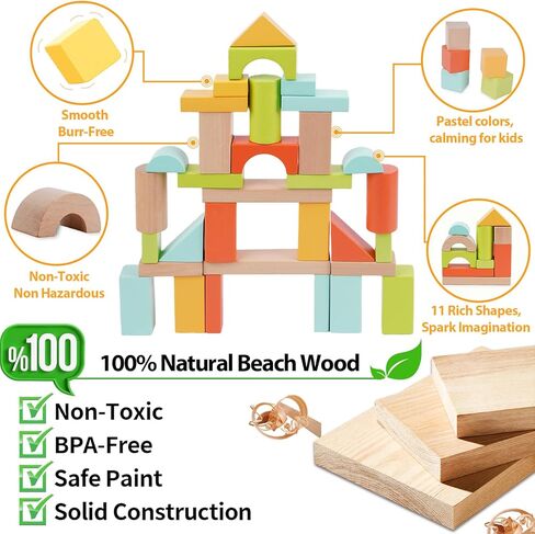 مكعبات بناء خشبية للأطفال الصغار من عمر 1 إلى 3 أعوام من FCSONU، مجموعة مكعبات خشبية 100 قطعة - ألعاب الفرز والتكديس مع مساحة تخزين وغطاء، ألعاب مونتيسوري للأطفال من عمر عامين فما فوق، هدايا عيد الميلاد الأول للأولاد والبنات والأطفال in Kuwait
