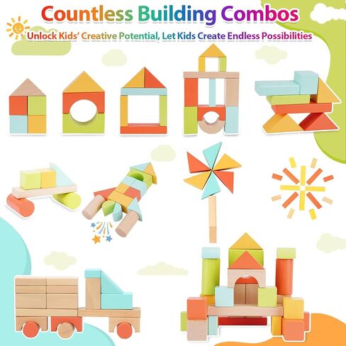 مكعبات بناء خشبية للأطفال الصغار من عمر 1 إلى 3 أعوام من FCSONU، مجموعة مكعبات خشبية 100 قطعة - ألعاب الفرز والتكديس مع مساحة تخزين وغطاء، ألعاب مونتيسوري للأطفال من عمر عامين فما فوق، هدايا عيد الميلاد الأول للأولاد والبنات والأطفال in Kuwait