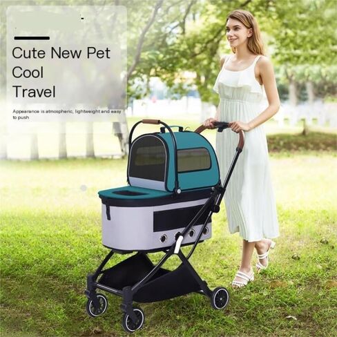 Pet Strollers Automatic Folding Double-Layer Pet Stroller Detached Pet Stroller Lightweight Small and Medium-Sized Stroller Pet Stroller Medium(Green) in Saudi Arabia