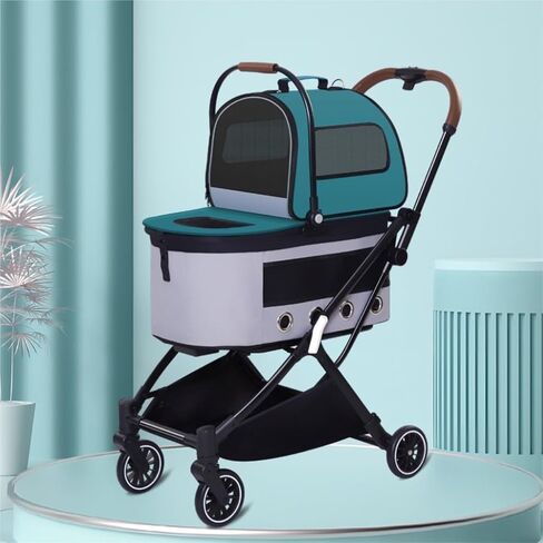 Pet Strollers Automatic Folding Double-Layer Pet Stroller Detached Pet Stroller Lightweight Small and Medium-Sized Stroller Pet Stroller Medium(Green) in Saudi Arabia